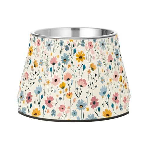 Süßer kleiner Fressnapf für kleine Hunde mit blauen und rosa Blumen, für Futter und Wasser, verbesserter Edelstahlnapf für kleine Hunde, langsames Fressen von Wudan