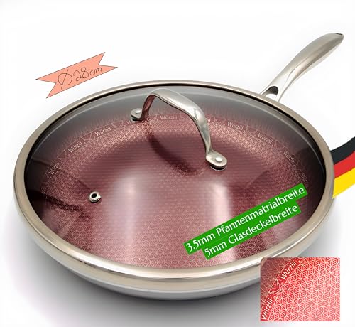 Würziii Bratpfanne 28cm rot mit Glasdeckel Non-Stick Waben Struktur kratzfest Edelstahl Aluminium Pfanne Spülmaschinen Ofen Induktion geeignet (Rot, 28cm) von Würziii