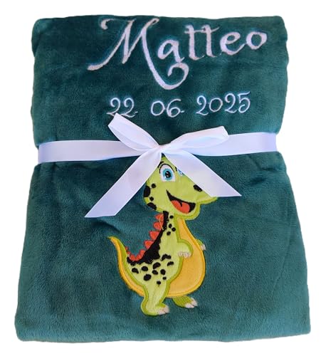 Wuff-Dogsworld Babydecke mit Namen und Geburtsdatum Bestickt, personalisierte Kuscheldecke, viele Motive & Farben, Geschenk zur Geburt für Mädchen & Jungen (Petrol Dino) von Wuff-Dogsworld