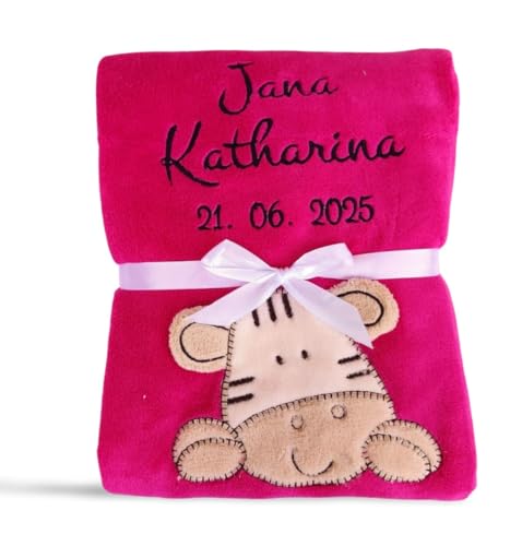 Wuff-Dogsworld Babydecke viele Farben & Motive mit Namen/Geburtsdatum Bestickt Geschenk Baby (pink Zebra) von Wuff-Dogsworld