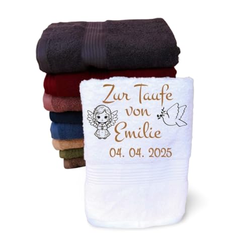 Handtuch zur Taufe mit Namen bestickt Taufgeschenk Mädchen Junge personalisiert Taube Engel Name Paten-Tante Gastgeschenk Schutzengel Paten-Kind Baby-Geschenk Tauf-Datum weiß Bestickung Wunschname von Wuff-Dogsworld