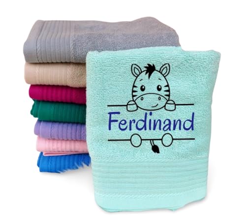 Wuff-Dogsworld Kinderhandtuch mit Motiv & Namen Bestickt, personalisiert, für Jungen & Mädchen, Verschiedene Motive & Farben, 100% Baumwolle (Mint, 70 x 140 cm) von Wuff-Dogsworld