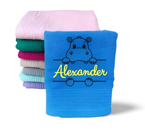 Wuff-Dogsworld Kinderhandtuch mit Motiv & Namen Bestickt, personalisiert, für Jungen & Mädchen, Verschiedene Motive & Farben, 100% Baumwolle (Azur blau, 50 x 100 cm) von Wuff-Dogsworld