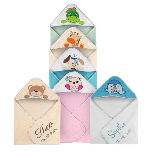 Wuff-Dogsworld Baby Kapuzenhandtuch mit Namen & Geburtsdatum Bestickt, personalisiertes Badetuch, viele Motive & Farben, 100% Baumwolle Wuff-Dogsworld Baby Kapuzenhandtuch mit Namen & Geburtsdatum Bestickt, personalisiertes Badetuch, viele Motive & Farben, 100% Baumwolle von Wuff-Dogsworld