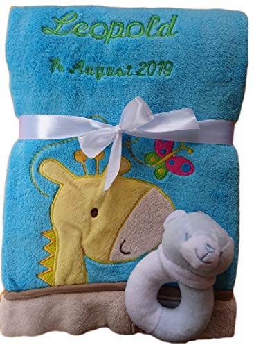 Wuff-Dogsworld Babydecke mit Namen Bestickt Babyrassel Greifling Baby Geschenk Geburt Taufe (türkis Giraffe) von Wuff-Dogsworld