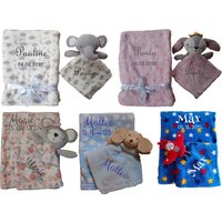 Babydecke Mit Namen & Datum Bestickt + Kuscheltuch Teddy Hase Maus Elefant Geschenk Set Baby Taufe Geburt Blau Rosa Weiß Babydecke Mit Namen & Datum Bestickt + Kuscheltuch Teddy Hase Maus Elefant Geschenk Set Baby Taufe Geburt Blau Rosa Weiß von WuffDogsworld