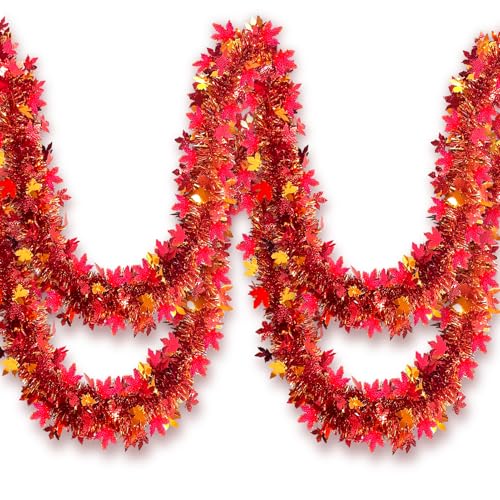Lametta-Girlande, glänzend, hängend, grob strukturiert, rotes Ahornblatt, metallisch, gedrehte Girlande, Herbstdekoration für Herbst, Party, Tür, Baum, Girlanden, Dekorationen – (Rot und Kupfer) von Wuhetyo