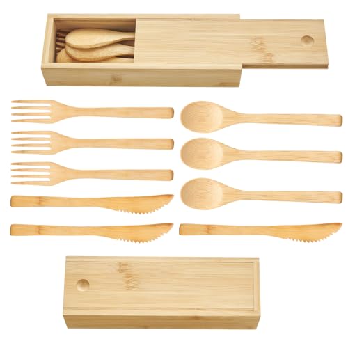 Wuhonghao Bambus aus Besteck mit Etui,Reisebesteck set Essbesteck Outdoor 3 Personen,Mehrweg Camping Holzbesteck für Unterwegs,Nachhaltig Tragbarer 20cm Holz Bambusbesteck LöFfel, Messer, Gabel， von Wuhonghao