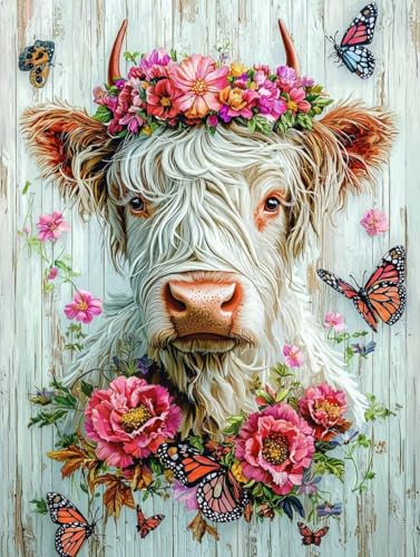 Diamond Painting Highland Cow, 5D Diamond Painting XXL 50x70 cm Leinwand, DIY Diamant Art Malerei Bilder Kinder Anfänger Mosaikherstellung Bastelnset für Wanddeko Wohnzimmer, Geschenke für Frauen K-92 von Wuiddnng