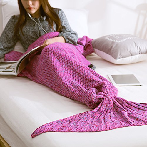 Wuiyepo Meerjungfrau Strickmuster Decke All Seasons Gestrickte Seatail Decke, Schlafsack Schlafsofa Snuggle Mermaid (violett Rote-2) von Wuiyepo