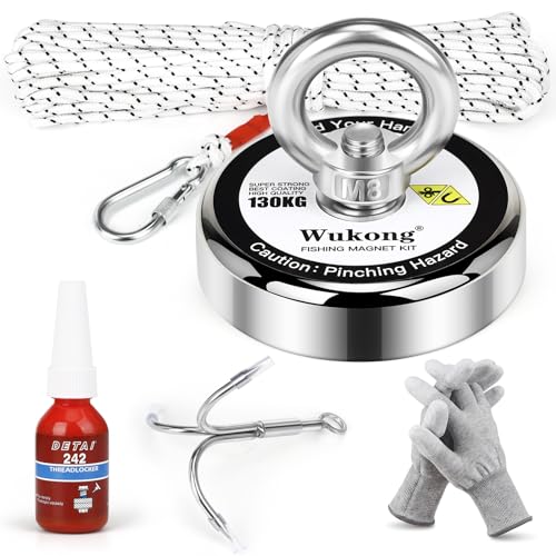 Wukong Magnetfischen Set, 130kg (286lb) starke Zugkraft, Magnet Fischen mit Seil, Haken, Handschuhen Gewindesicherung, runde Neodym-Magneten zur Bergung schwerer Gegenstände unter Wasser im Fluss von Wukong