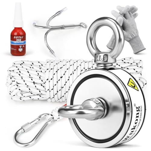 Wukong Magnetfischen Set, 130kg (286lb) starke Zugkraft, beidseitiger Magnet zum Magnet Fischen mit Seil, Haken, Handschuhen Gewindesicherung, Neodym-Magneten zur Bergung Gegenstände unter Wasser von Wukong
