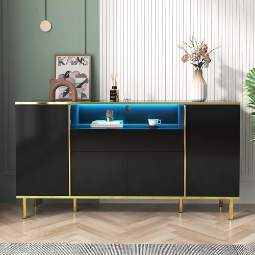 Wumagin Kommode mit 1 Ablage, Sideboard, Wohnzimmerschrank mit 6 Ablagefächern und offenem Regal, 16 RGB-Farben einstellbar für Wohnzimmer, goldene und Schwarze Dekoration Wumagin Kommode mit 1 Ablage, Sideboard, Wohnzimmerschrank mit 6 Ablagefächern und offenem Regal, 16 RGB-Farben einstellbar für Wohnzimmer, goldene und Schwarze Dekoration von Wumagin