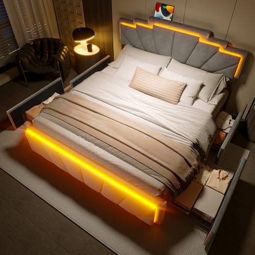 Wumagin Polsterbett 140x200CM Doppelbett mit einzigartigem trapezförmigem Kopfteil,Bettrahmen mit Lattenrost, LED-Beleuchtung & 2-facher Höhenverstellung, USB Type-C Anschluss, 2 geräumige Schubladen von Wumagin