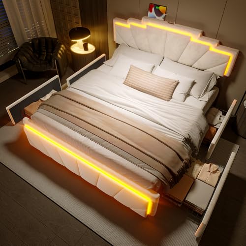 Wumagin Polsterbett 140x200CM Doppelbett mit einzigartigem trapezförmigem Kopfteil,Bettrahmen mit Lattenrost, LED-Beleuchtung & 2-facher Höhenverstellung, USB Type-C Anschluss, 2 geräumige Schubladen von Wumagin