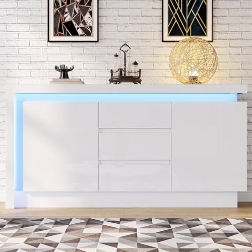 Wumagin Sideboard,Kommode für das Schlafzimmer,Hochglanz Beistellschrank,Beistelltisch mit 3 Schubladen,Schrank mit verstellbaren Einlegeböden und 2 Türen für Wohnzimmer von Wumagin