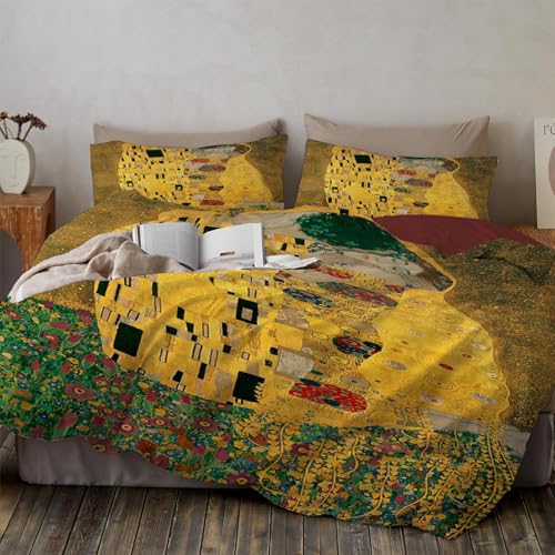 3D Bettwäsche 155×220CM Goldener Klimt Muster,Wende Bettwäsche Set aus Mikrofaser mit Reißverschluss,3-teilig mit 2 Kissenbezügen 80x80 cm,Weiche & Atmungsaktive Bettgarnitur,Klassische Ölmalerei von WunM Studio
