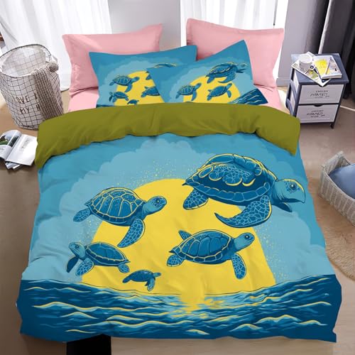3D Bettwäsche Set 240*220cm,Weiche Mikrofaser Bed Linen mit 2 Kissenbezügen,Meeresschildkröten,Meeresbodentiere,Reißverschluss & Pflegeleicht,Microfibre Bed Linen Sets with Zip Soft and Non-Iron von WunM Studio