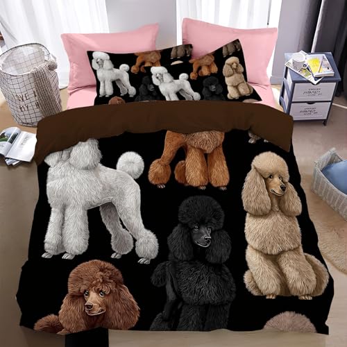 Bettbezüge 240 * 220cm 3er Set mit Pudel als Haustier Muster, Bettwäsche-Sets 240 * 220cm aus Mikrofaser mit Reißverschluss Weich und Bügelfrei,Realistische Felltextur Tier von WunM Studio