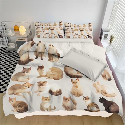 Bettwäsche 135*200cm 3teilig Bettbezug - Bettwäsche-Sets 135*200cm 2er Set mit 2 Kissenbezüge 80x80cm,ÖKO-TEX Wendebettwäsche Bedding süße Katze Muster mit Reißverschluss,Haustier Katze von WunM Studio