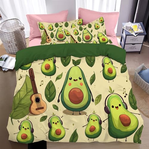 Boho 3D Bettwäsche 240 * 220cm,Frucht Avocado Muster, Weiche Mikrofaser Bettbezug mit 2 Kissenbezügen, Modernes Gitarrennoten Design, Pflegeleicht, Hautfreundlich & Atmungsaktiv von WunM Studio