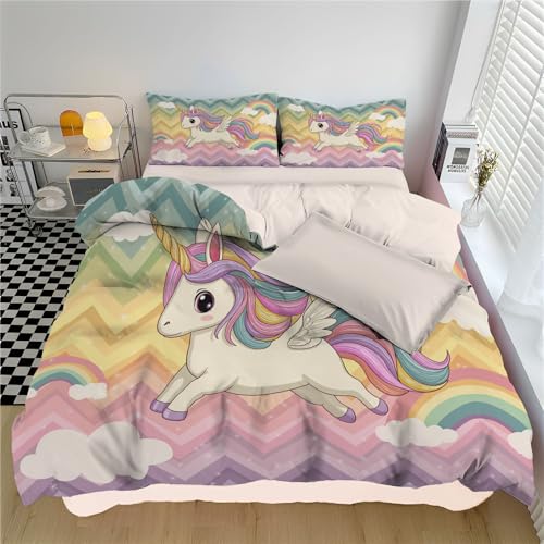 Boho 3D Bettwäsche 240 * 220cm,Regenbogen süß Muster, Weiche Mikrofaser Bettbezug mit 2 Kissenbezügen, Modernes Einhorn Design, Pflegeleicht, Hautfreundlich & Atmungsaktiv von WunM Studio