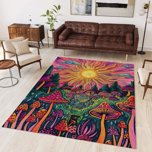 Waschbarer Teppich Wohnzimmer, Psychedelische bunte Landschaft Pilze,Boho Teppich Schlafzimmer Groß Wohnzimmerteppich Kurzflor Teppich rutschfest Waschbar Flachgewebe Teppich Vintage Teppich Weich von WunM Studio