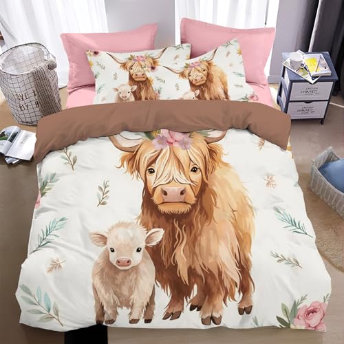 Winter Bettwäsche 3D Set 135*200cm mit 2 Kissenbezügen,Bunte Hochlandkuh & Blumen im Bohème-Stil Motiv, Warme Mikrofaser Bettbezug, Kuschelig Weich, Ideal für Kalte Nächte im Schlafzimmer von WunM Studio
