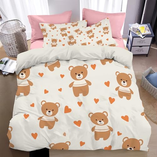 WunM Studio 3D Bettwäsche Set 135 * 200cm mit 2 Kissenbezügen 80x80cm – Mikrofaser Bettbezug mit Reißverschluss – Braunbär MotivTeddybär-Cartoon-Tier – Weich,Atmungsaktiv,Pflegeleicht von WunM Studio