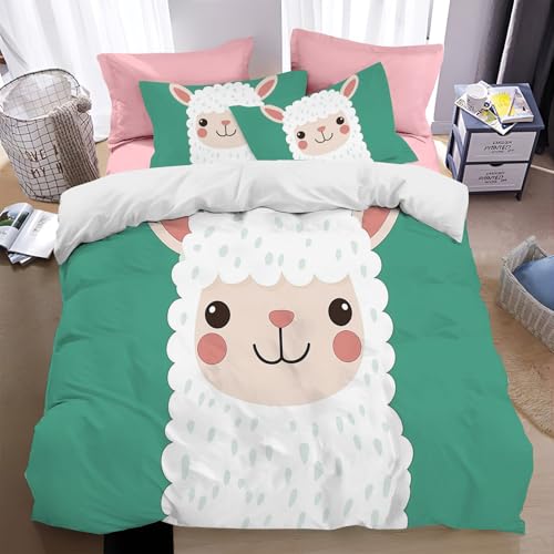 WunM Studio Bed Linen Set of 3,200 * 200cm,3 Pieces,Mintgrünes Tier Alpaka Pattern,Reversible,Babyzimmer Dekoration,Microfibre,2 Duvet Covers with Zip,2 Pillowcases,80 x 80 cm von WunM Studio