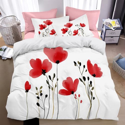 WunM Studio Bed Linen Set of 3,240 * 220cm,3 Pieces,Blumen Mohnblumen Pattern,Reversible,Elegante Pflanzen,Microfibre,2 Duvet Covers with Zip,2 Pillowcases,80 x 80 cm von WunM Studio