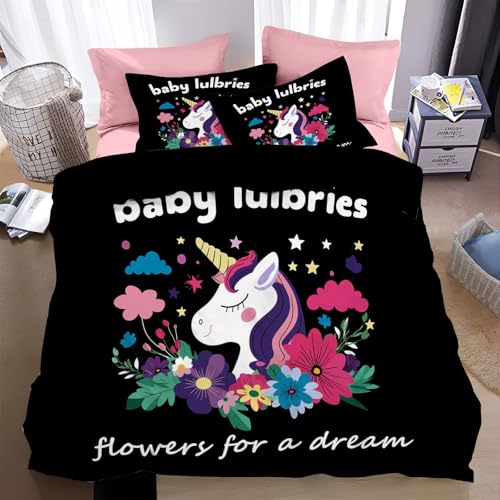 WunM Studio Bed Linen Set of 3,240 * 220cm,3 Pieces,Einhorn Pattern,Reversible,Cartoon Tiere Sterne Blumen,Microfibre,2 Duvet Covers with Zip,2 Pillowcases,80 x 80 cm von WunM Studio