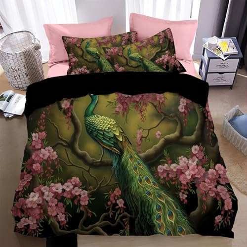 WunM Studio Bettbezüge 135 * 200cm 3er Set mit Kirschblütenbaum Pfau Muster, Bettwäsche-Sets 135 * 200cm aus Mikrofaser mit Reißverschluss Weich und Bügelfrei,Retro-Luxus im Barockstil von WunM Studio