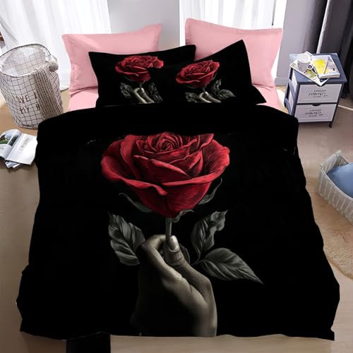 WunM Studio Bettbezüge 135 * 200cm 3er Set mit Realistische rote Rose Muster, Bettwäsche-Sets 135 * 200cm aus Mikrofaser mit Reißverschluss Weich und Bügelfrei,Charmante Valentinstagsatmosphäre von WunM Studio