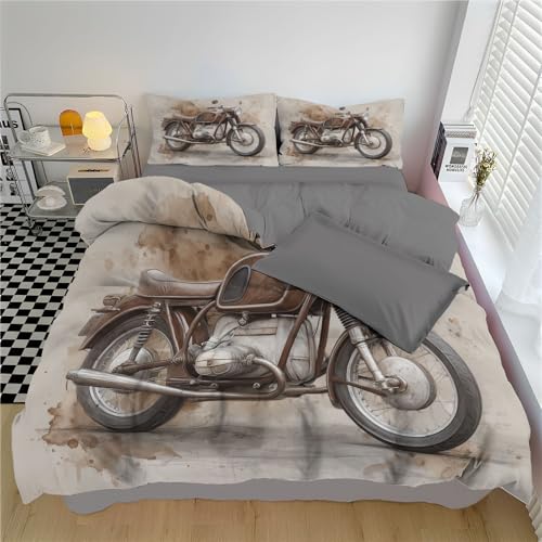 WunM Studio Bettbezüge 200 * 200cm 3er Set mit Retro-Motorrad Muster, Bettwäsche-Sets 200 * 200cm aus Mikrofaser mit Reißverschluss Weich und Bügelfrei,Abstraktes Fahrzeugthema von WunM Studio