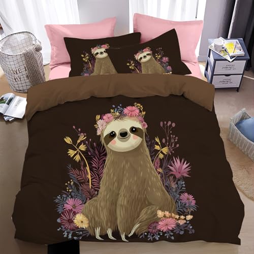 WunM Studio Bettbezüge 240 * 220cm 3er Set mit Süßes Faultier mit Blumen Muster, Bettwäsche-Sets 240 * 220cm aus Mikrofaser mit Reißverschluss Weich und Bügelfrei,Böhmische Tiere von WunM Studio