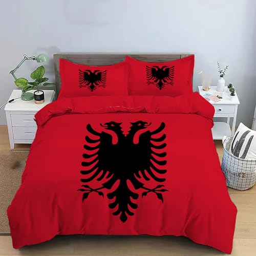WunM Studio Bettwäsche 135×200CM + Kissenbezug 80x80 cm - Oeko-TEX zertifizierte Mikrofaser Bettwäsche 1 - Bettwaesche 1 - Deckenbezug Nationalflagge Kissenbezug -Bettwäsche Kreative Albanien-Flagge von WunM Studio
