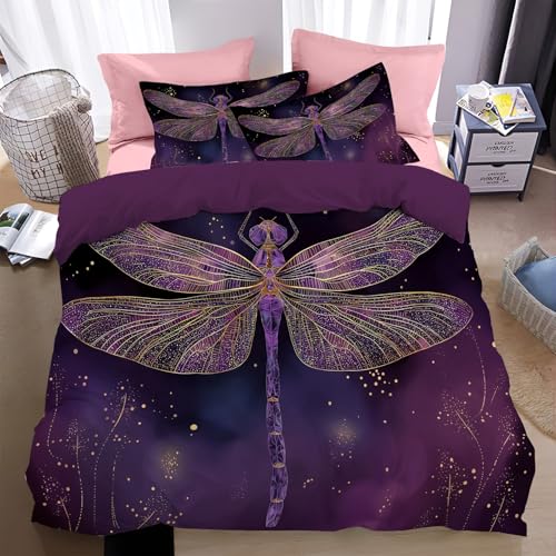 WunM Studio Bettwäsche 240 * 220cm dunkelviolett mit Amethyst Herzen Bettbezug 3 teilig Microfaser Rot Weiss Gelbe Libelle Bettwäsche Set und Kissenbezug 80x80 cm mit Reißverschluss von WunM Studio
