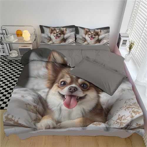 WunM Studio Bettwäsche 260x220cm braun Chihuahua Bettbezug Set 3 Teilig lustigeHaustiereTiereHunde Blümchen Blumenmuster Weich Bettwäsche-Sets mit 2 Kissenbezüge 80x80 cm und Reißverschluss von WunM Studio