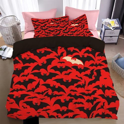 WunM Studio Bettwäsche Rot Bettgarnitur- Rot und schwarz leuchtende Bettwäsche Sets Microfaser Bettbezug mit Kissenbezug Bügelfrei & Knitterfrei Halloween Deko Gothic Deckenbezug mit Reißverschlus von WunM Studio