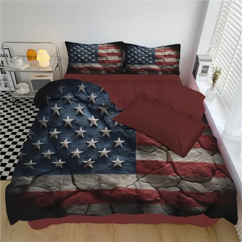 WunM Studio Bettwäsche Rot Bettgarnitur- Vintage amerikanische Flagge Bettwäsche Sets Microfaser Bettbezug mit Kissenbezug Bügelfrei & Knitterfrei Grunge-Rock-Stil Deckenbezug mit Reißverschlus von WunM Studio