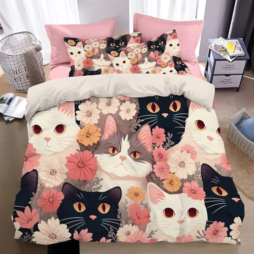 WunM Studio Bettwäsche Weiß Bettgarnitur- Pflanzen Sie rosa Blumen Bettwäsche Sets Microfaser Bettbezug mit Kissenbezug Bügelfrei & Knitterfrei Haustier Tier Katze Deckenbezug mit Reißverschlus von WunM Studio
