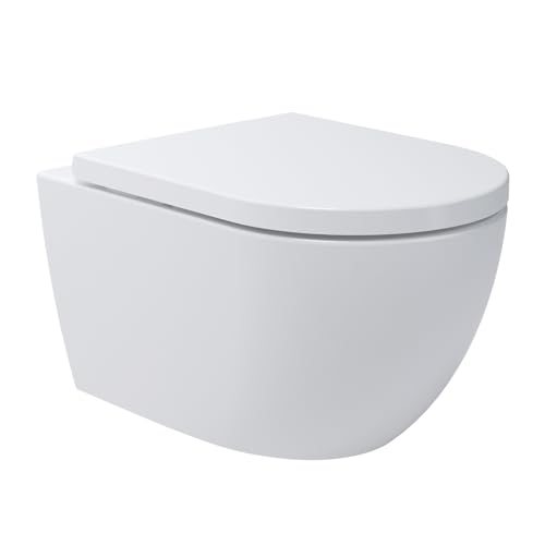 Soho Whirlflush Hänge WC mit Tornado Spülung | Wand WC Spülrandlos | Toilette Super Weiss mit Duroplast Soft Close WC Sitz | Hängetoilette WC ohne Spülrand von WunderBad