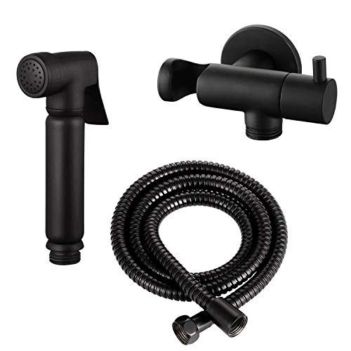 Design WC/Bidet Handbrause Komplettset mit Absperrventil aud Massiv Messing - Rund in Schwarz Matt mit Handbrause und Halterung, nur für Kaltwasser von Wunderbad