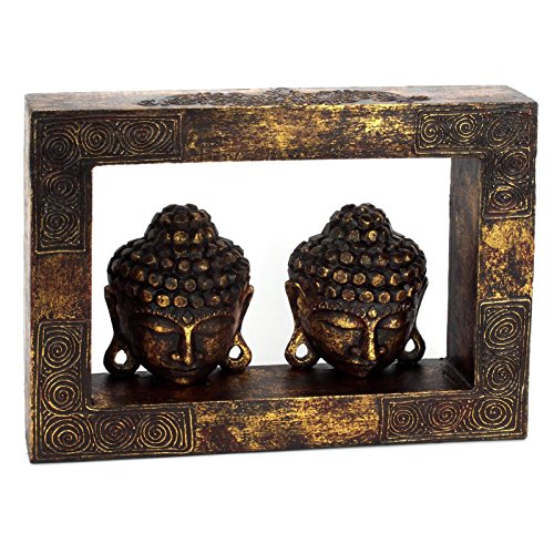 Wuona Objects 2X Buddha Kopf im Wandrahmen - Albesia Holz von Hand geschnitzt - 42 cm breit - Gold von Wuona Objects