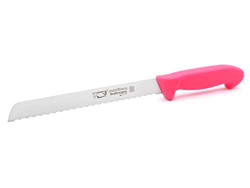 Solinger Brotmesser Neon Pink 33,5cm extra scharfer Wellenschliff Solingen echter Handabzug Spezialstahl rostfrei Kunststoffgriff von Wuppas