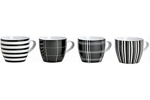 Wurm KG 4er Set moderne Kaffeetassen aus Porzellan | 10 cm hoch | Ø 8 cm | 300 ml | Große Kaffeetasse in schwarz/weiß gestreift und kariert von Wurm KG