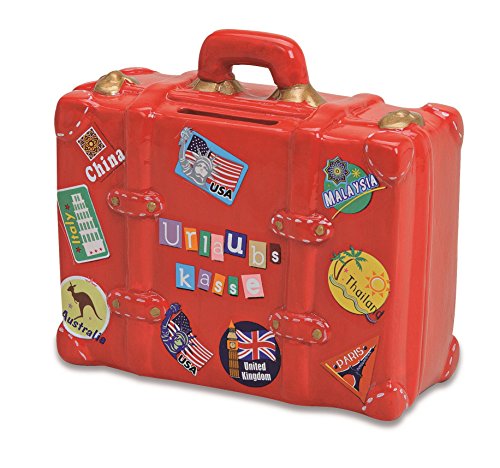 Spardose Urlaubskasse rot in Kofferform | Sparbüchse roter Reisekoffer mit Schlüssel und Schloss | Sparschwein abschließbar von Wurm KG