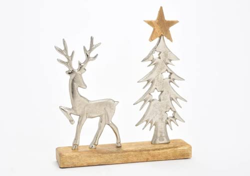 Deko Aufsteller Hirsch mit Tannenbaum auf Mangoholz Sockel, aus Metall Silber 2-Fach, (B/H/T) 23x26x5cm von Wurm