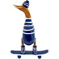 Ente Auf Skateboard Aus Bambus Blau/Weiss Ca 21x10 cm Höhe 28 von Wurzelliebe